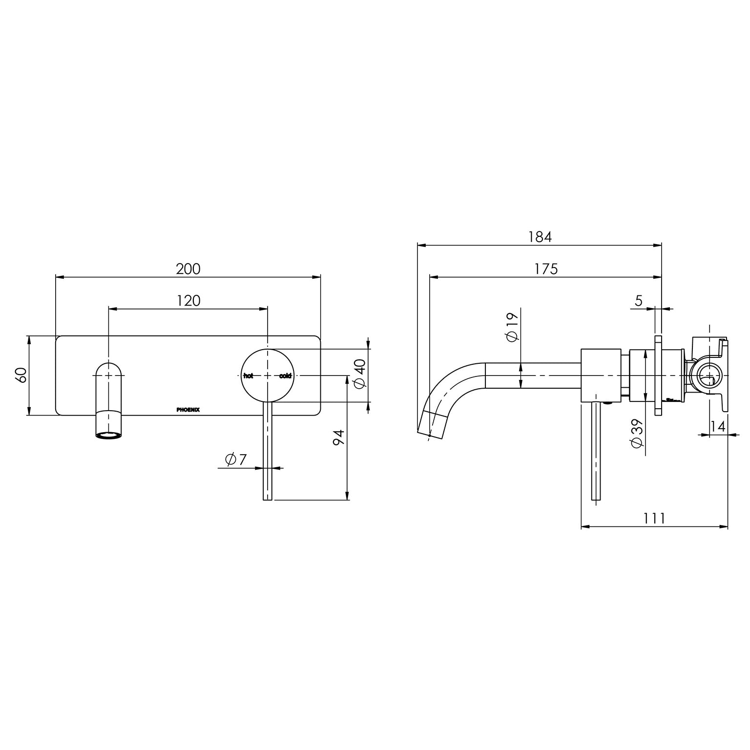 PHOENIX VIVID SLIMLINE WALL BASIN MIXER SET CURVED MATTE BLACK 180MM