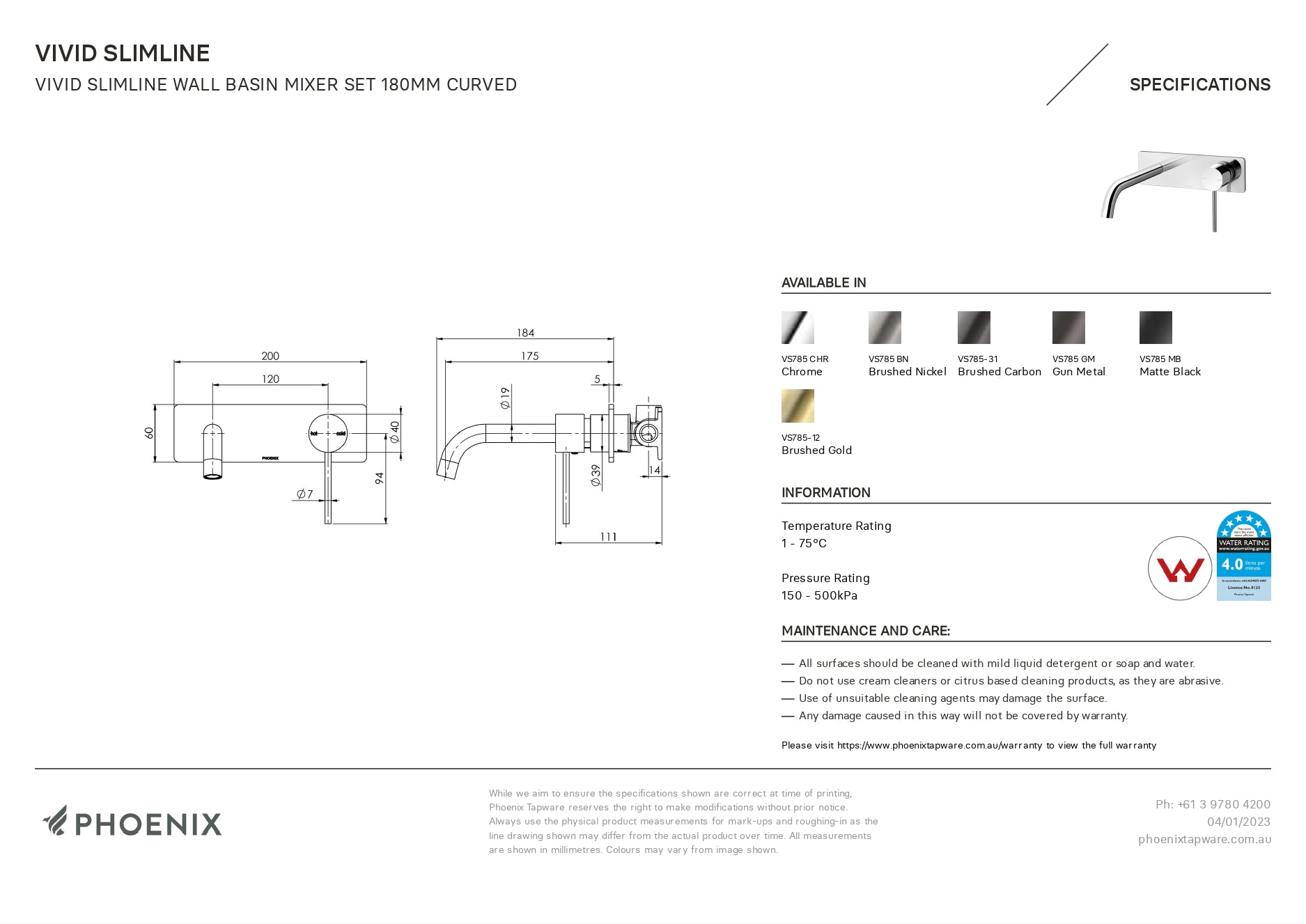 PHOENIX VIVID SLIMLINE CURVED WALL BASIN MIXER SET 200MM CHROME