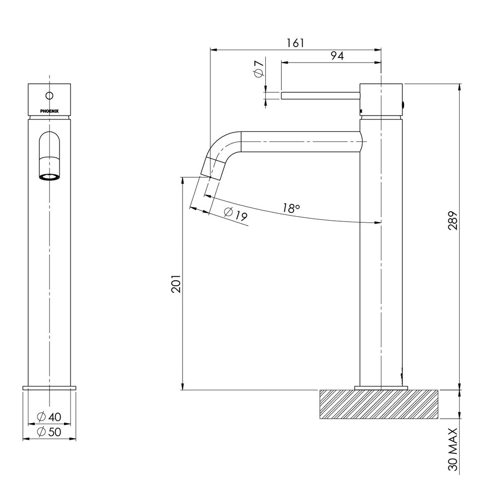 PHOENIX VIVID SLIMLINE LEAD FREE VESSEL MIXER OUTLET 289MM BRUSHED NICKEL