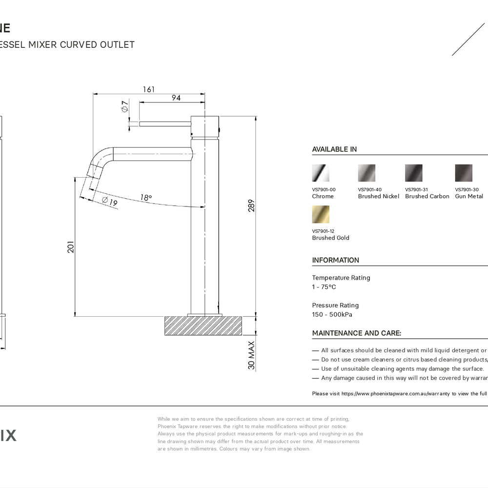 PHOENIX VIVID SLIMLINE LEAD FREE VESSEL MIXER CURVED OUTLET BRUSHED GOLD