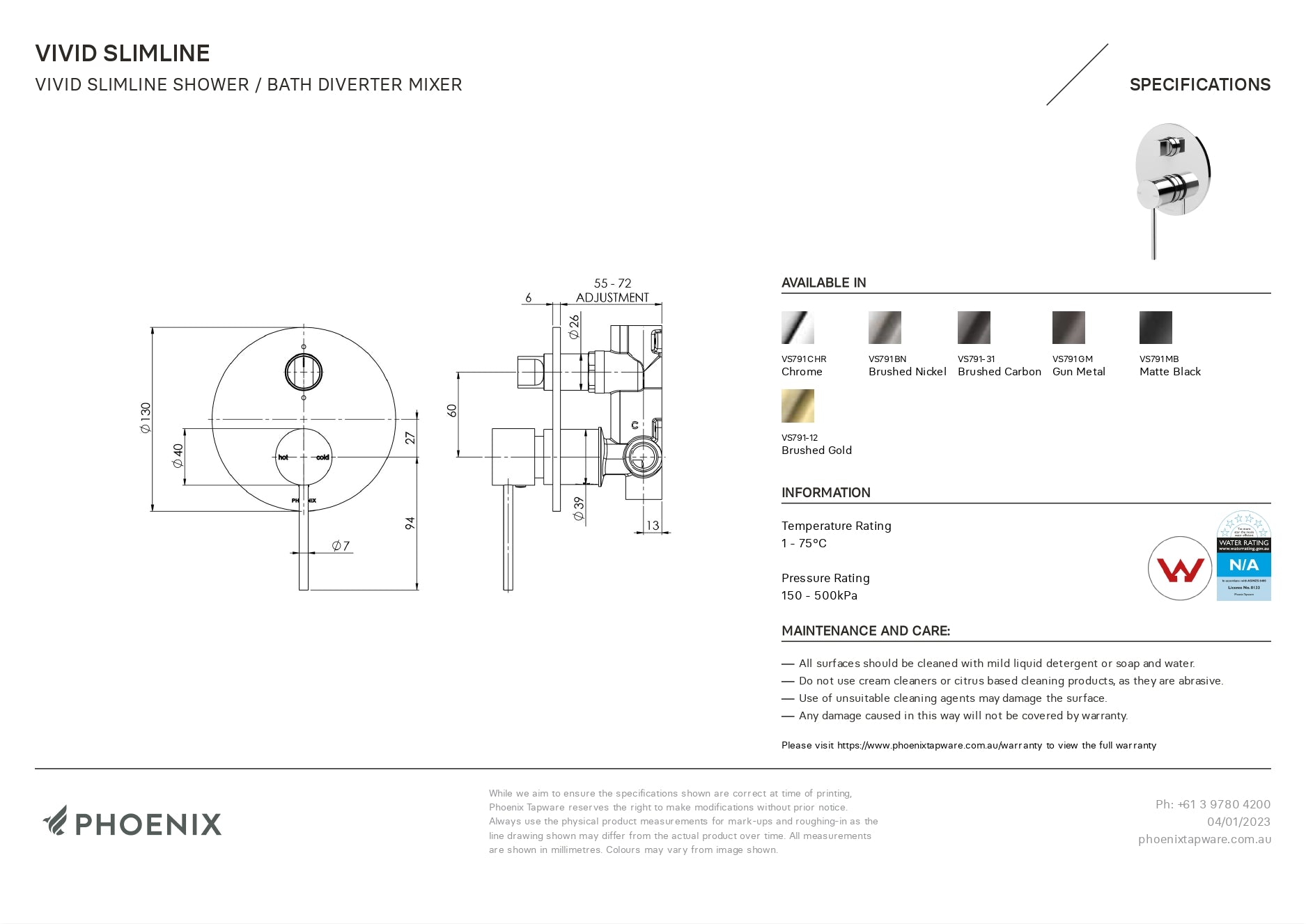 PHOENIX VIVID SLIMLINE SHOWER BATH DIVERTER MIXER 130MM BRUSHED GOLD