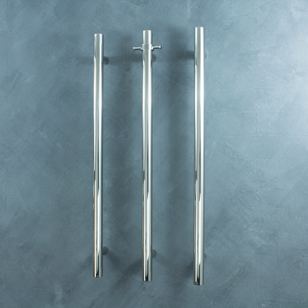 RADIANT HEATING VERTICAL ROUND HEATED SINGLE TOWEL RAIL BRUSHED SATIN 950MM