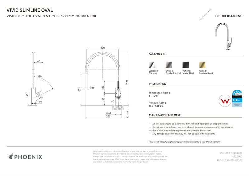 PHOENIX VIVID SLIMLINE OVAL SINK MIXER 220MM GOOSENECK CHROME