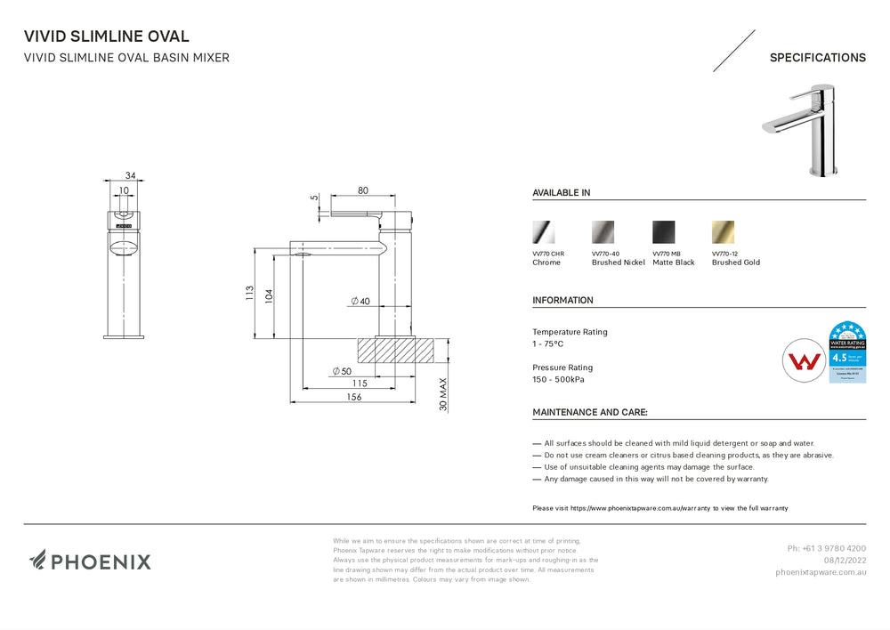 PHOENIX VIVID SLIMLINE BASIN MIXER MATTE BLACK