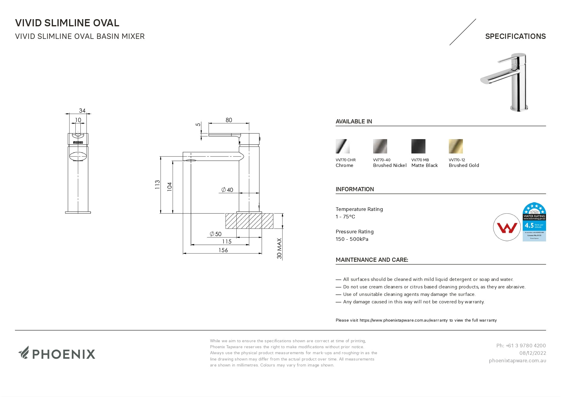 PHOENIX VIVID SLIMLINE LEAD FREE BASIN MIXER MATTE BLACK