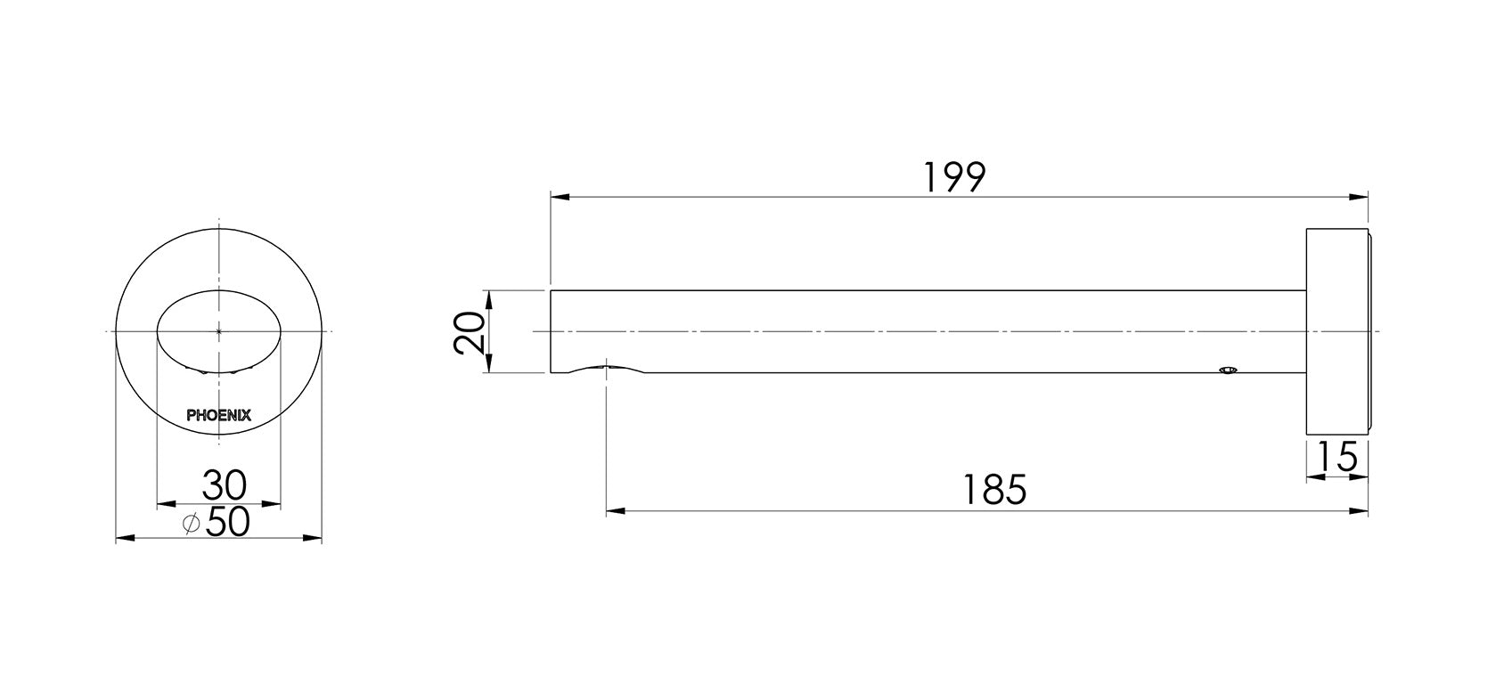 PHOENIX VIVID SLIMLINE OVAL WALL BASIN OUTLET 180MM BRUSHED NICKEL