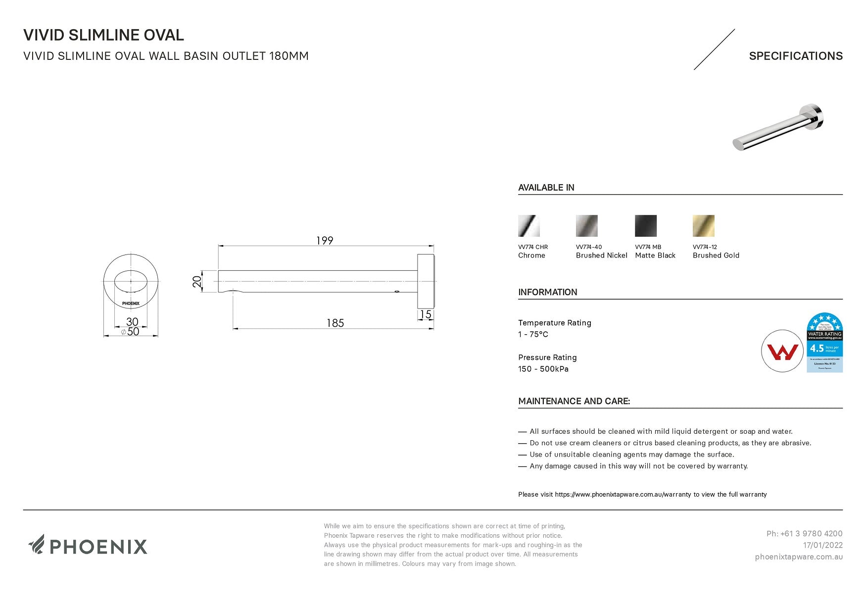 PHOENIX VIVID SLIMLINE OVAL WALL BASIN OUTLET 180MM MATTE BLACK