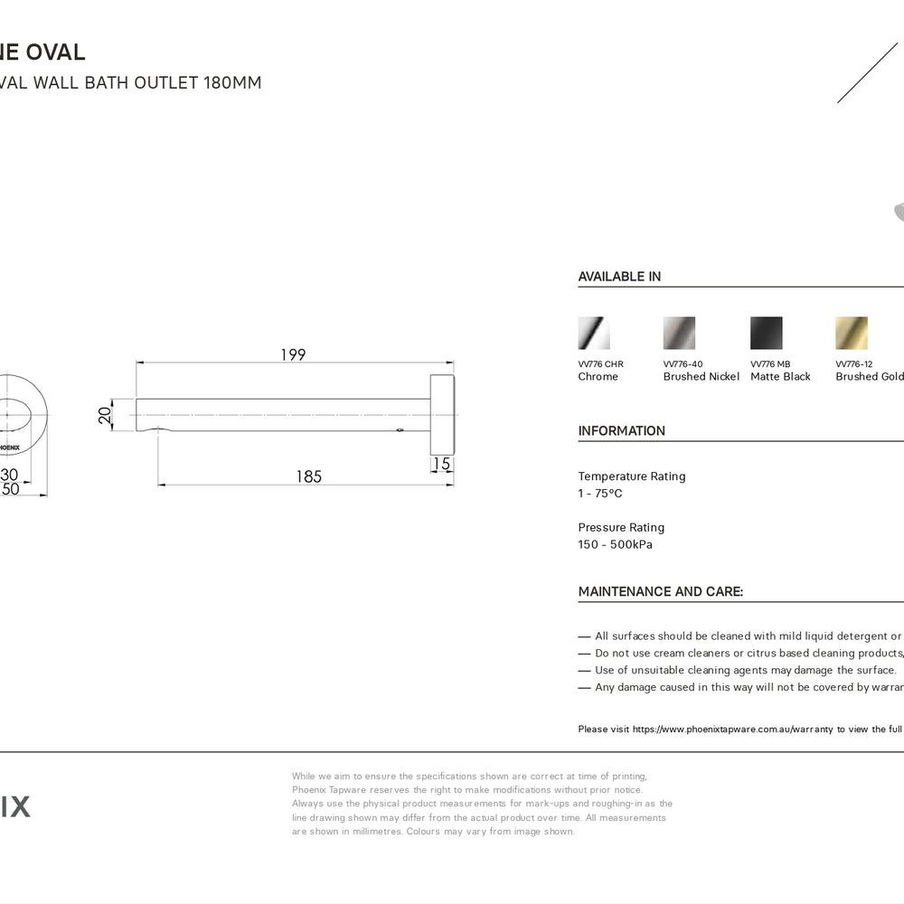 PHOENIX VIVID SLIMLINE LEAD FREE WALL BATH OUTLET 199MM CHROME