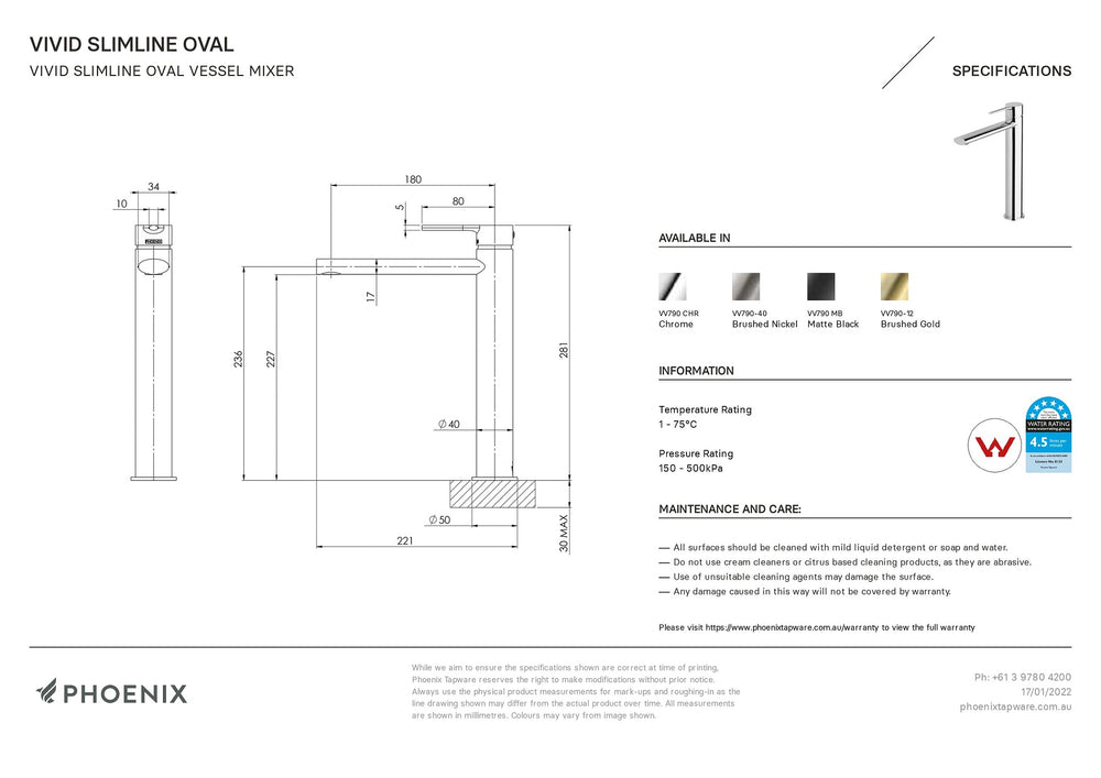 PHOENIX VIVID SLIMLINE VESSEL MIXER 281MM BRUSHED NICKEL