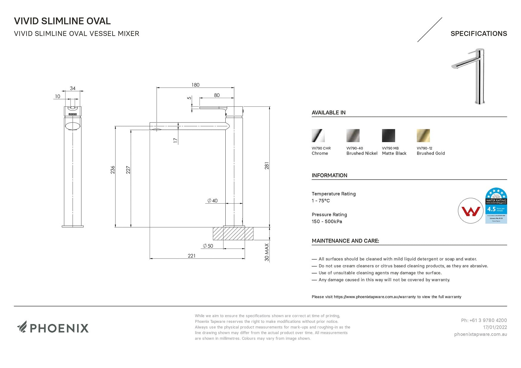 PHOENIX VIVID SLIMLINE LEAD FREE VESSEL MIXER 281MM BRUSHED NICKEL
