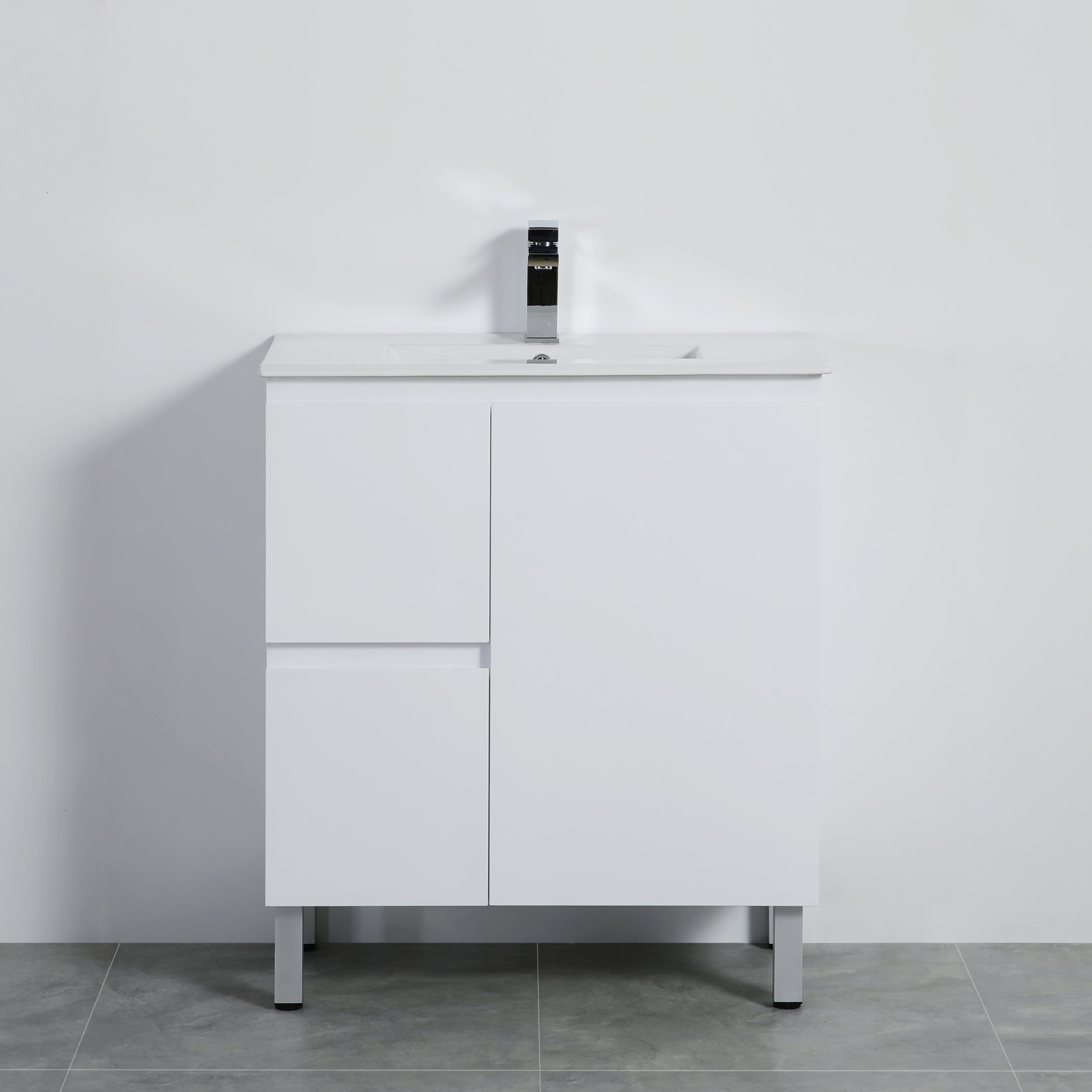POSEIDON WHITE 750MM SPACE SAVING SINGLE BOWL FLOOR STANDING VANITY AVAILABLE IN LEFT HAND DRAWER AND RIGHT HAND DRAWER