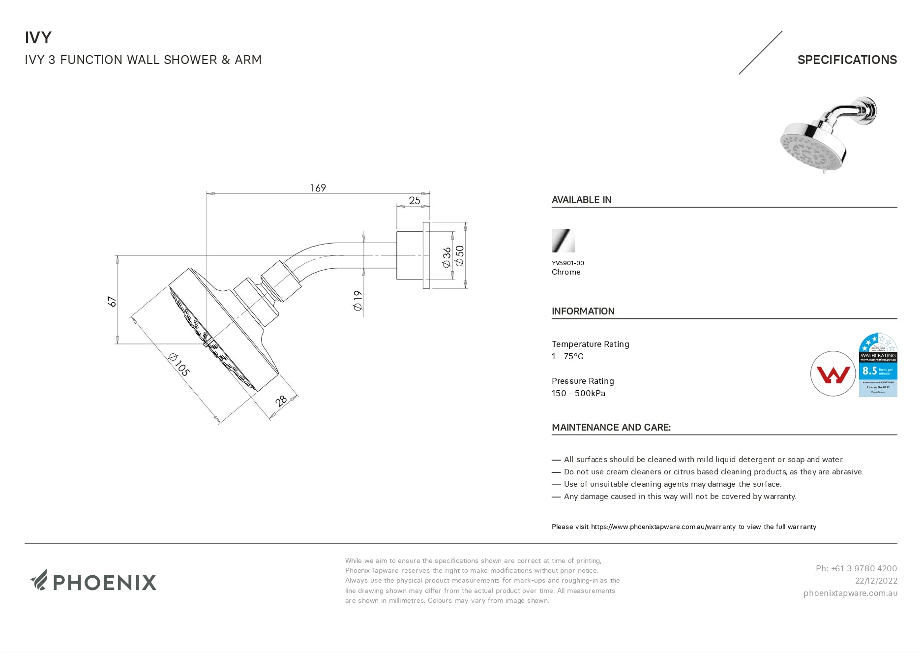 PHOENIX IVY 3 FUNCTION WALL SHOWER AND ARM CHROME 100MM