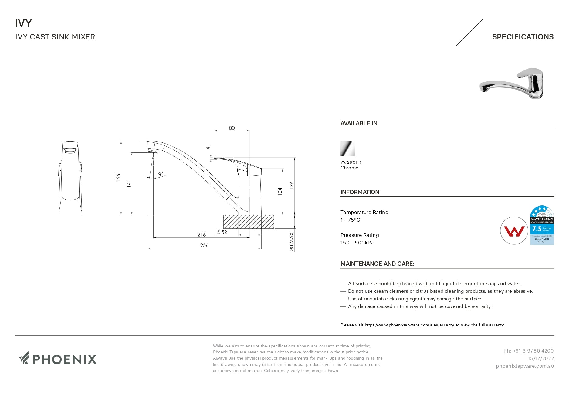 PHOENIX IVY CAST SINK MIXER 129MM CHROME