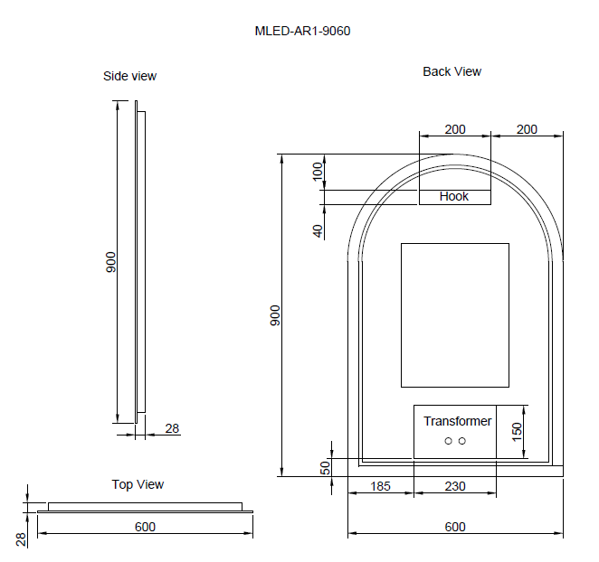 RIVA AR1 FRAMELESS BACKLIT ARCH LED MIRROR 3 COLOUR LIGHTS 600X900MM