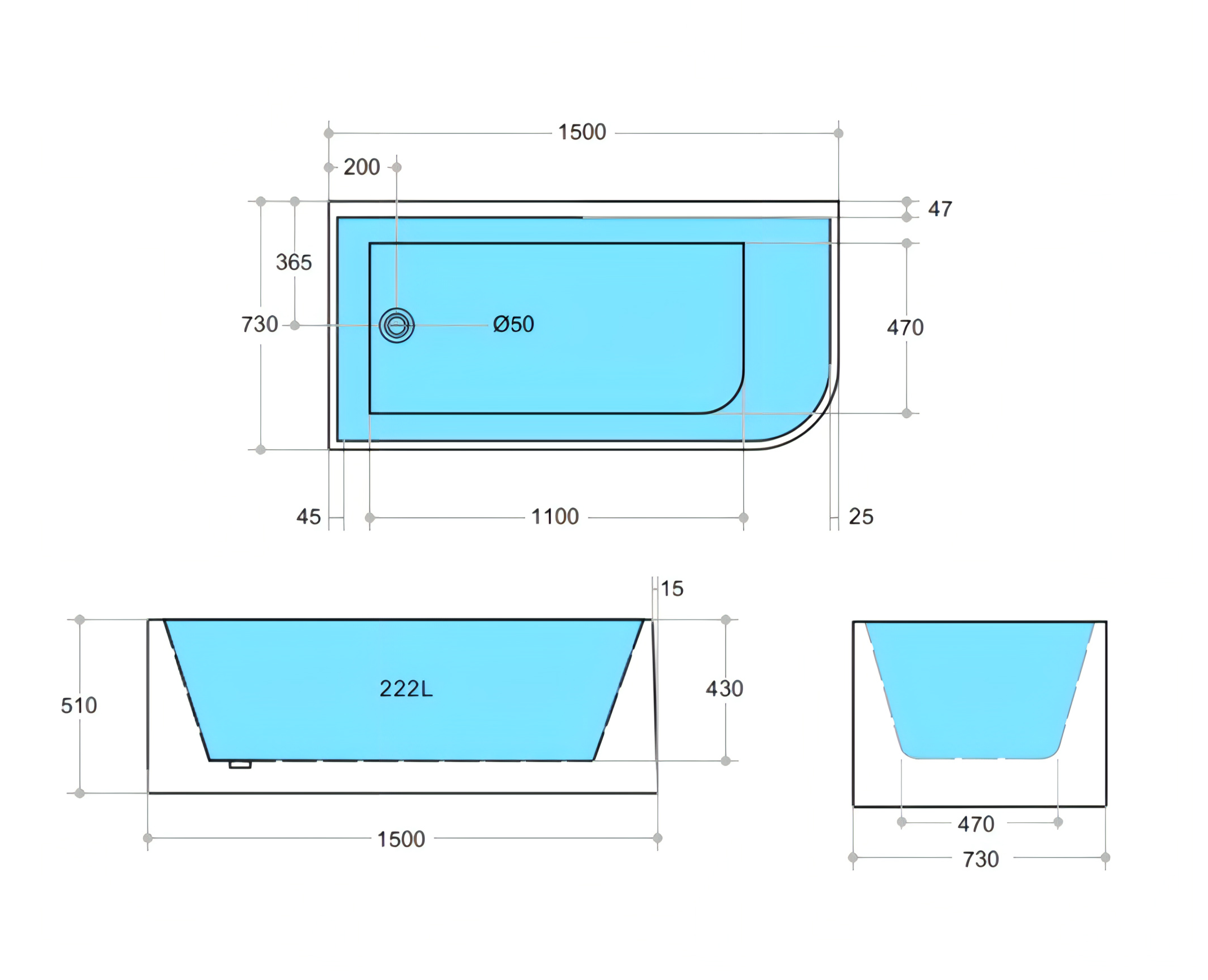 POSEIDON GLOSS WHITE LEFT CORNER MULTI-FIT BATHTUB 510MM (AVAILABLE IN 1500MM AND 1700MM)