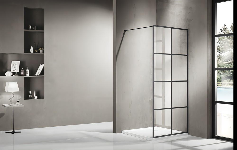 COVEY FRAMED 8 PRINTED GRILLS WALK IN SINGLE PANEL WITH SUPPORT BAR SHOWER SCREEN MATTE BLACK