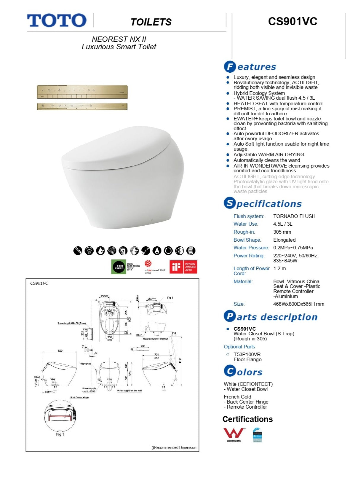 TOTO NEOREST NX II LUXURIOUS SMART TOILET W/ GOLD REMOTE CONTROL PACKAGE GLOSS WHITE