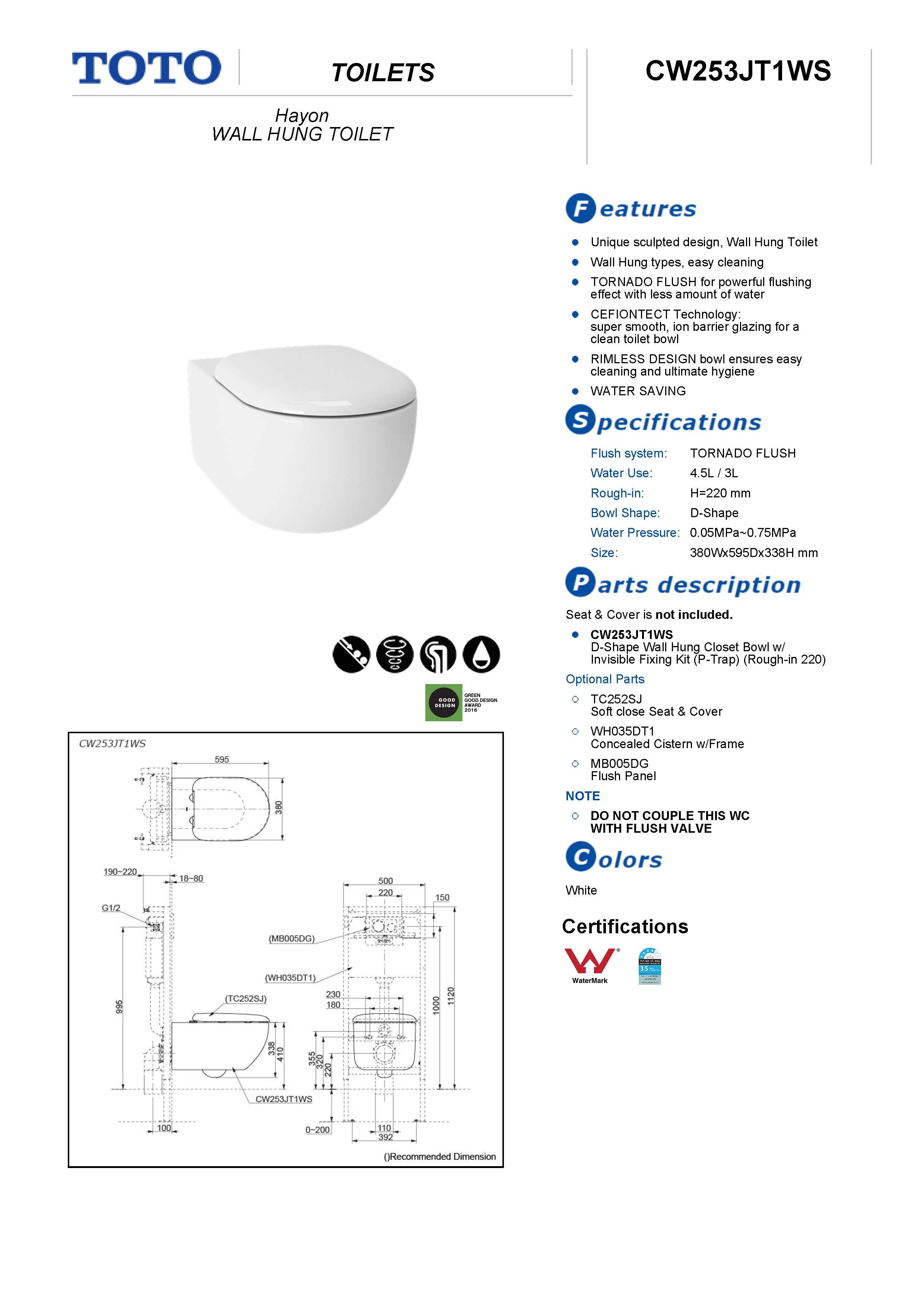 TOTO HAYON WALL HUNG TOILET (D-SHAPE) GLOSS WHITE