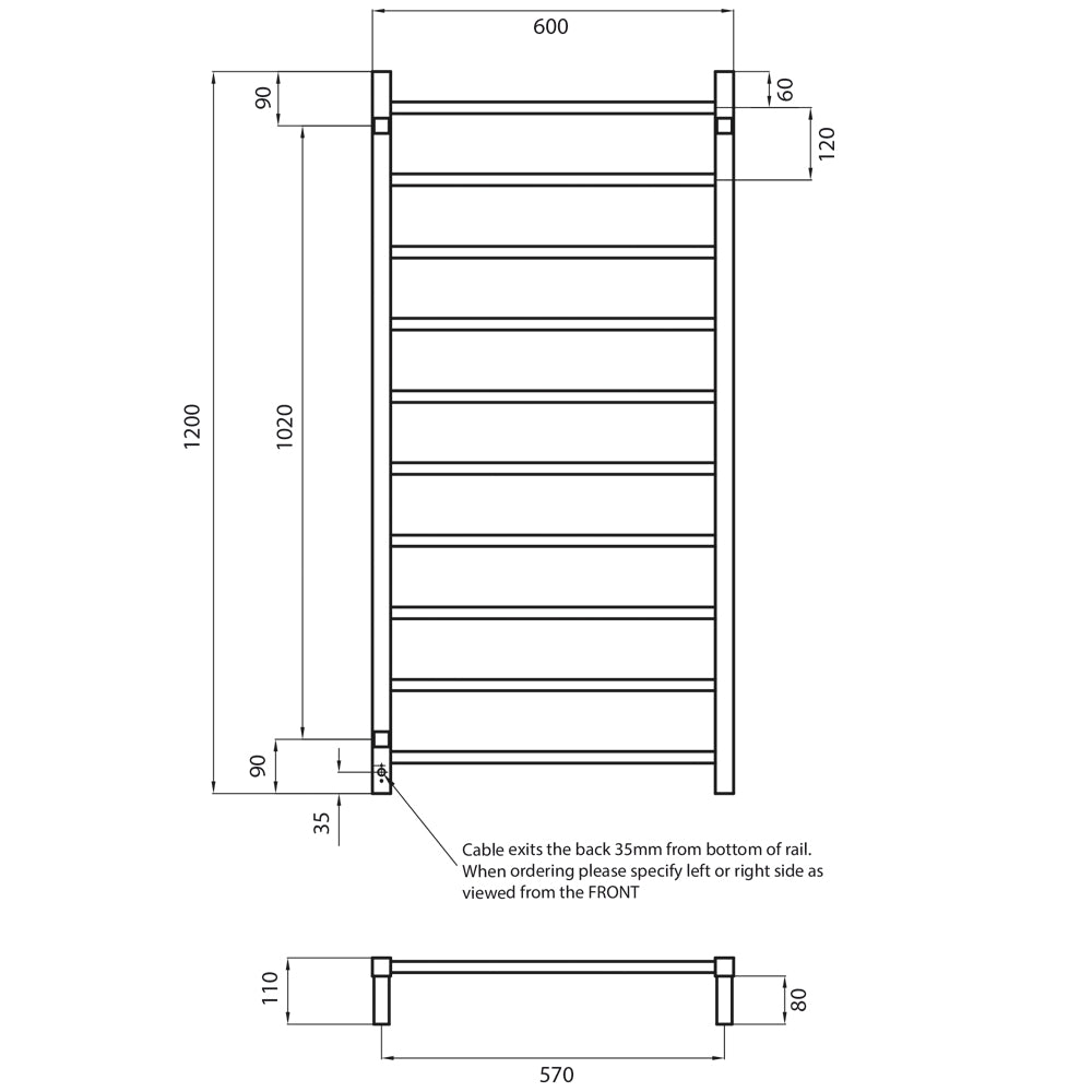 RADIANT HEATING 10-BARS SQUARE HEATED TOWEL RAIL CHROME 130WATTS 600MM