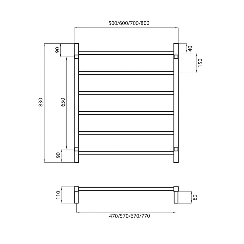RADIANT HEATING 6-BARS SQUARE NON-HEATED TOWEL RAIL CHROME 600MM