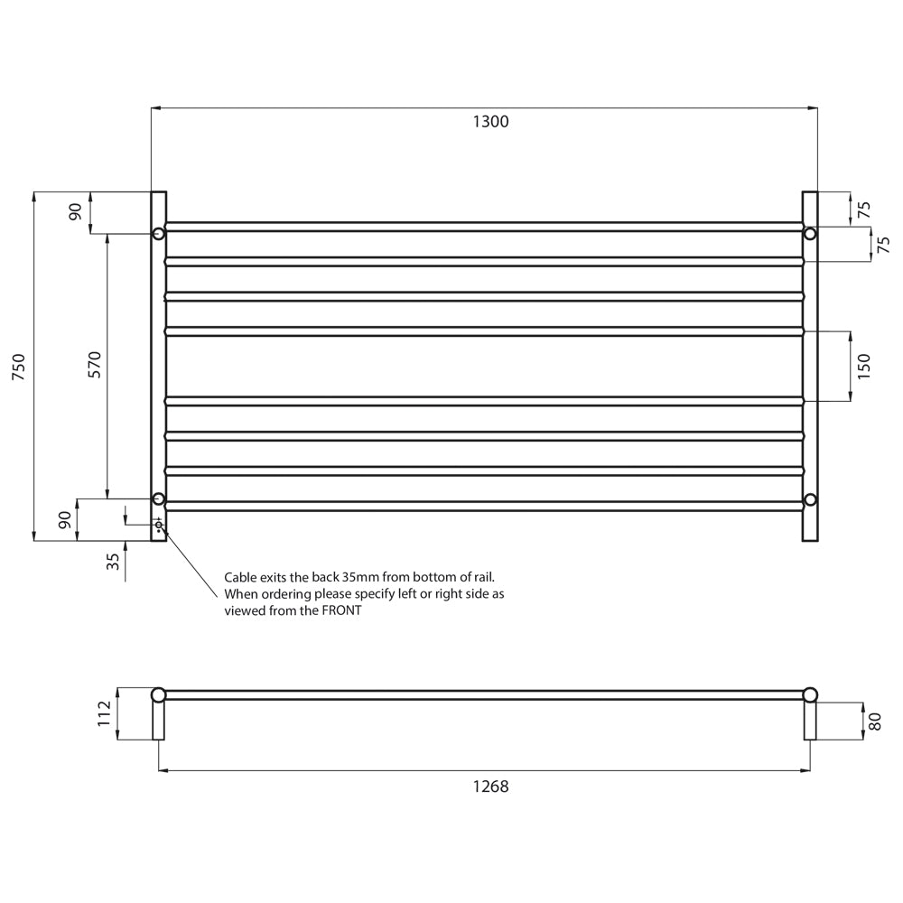 RADIANT HEATING 8-BARS ROUND HEATED TOWEL RAIL CHROME 180WATTS 1300MM