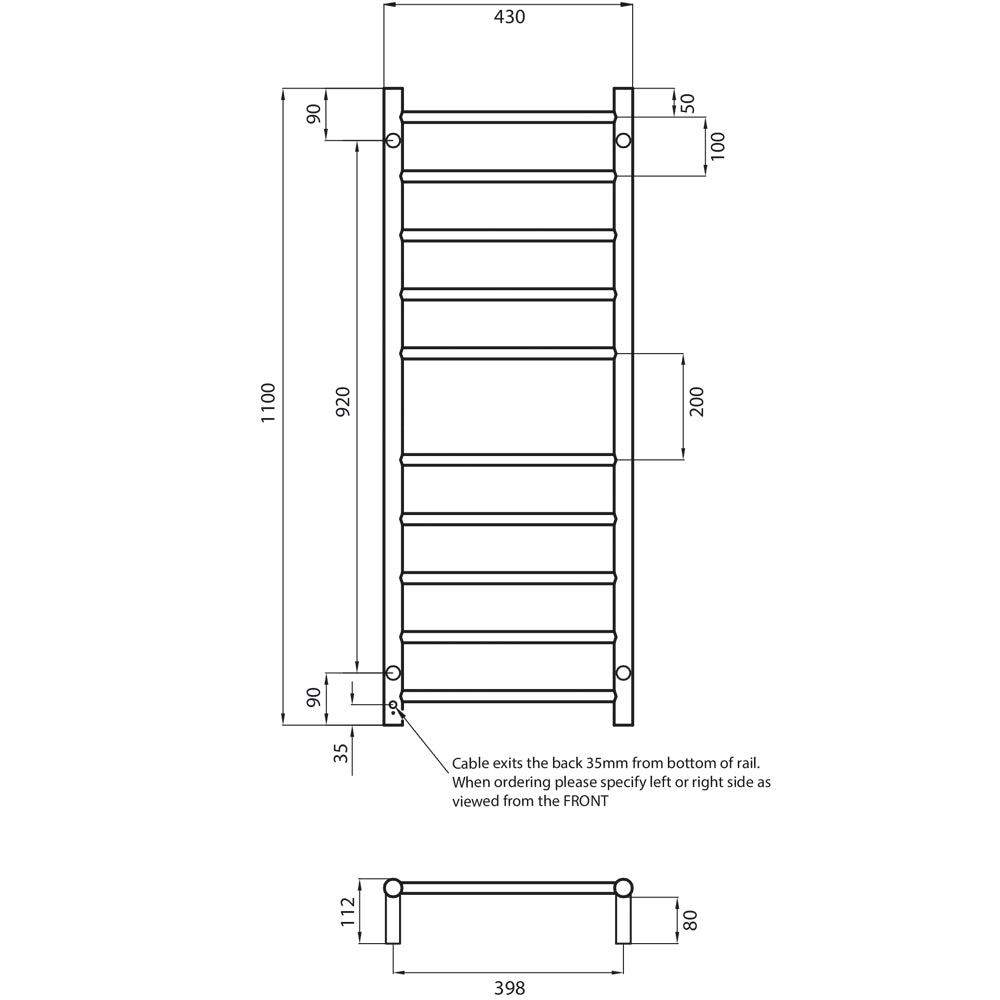 RADIANT HEATING 10-BARS ROUND HEATED TOWEL RAIL MATTE BLACK 80WATTS 430MM