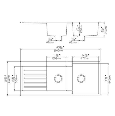 POSEIDON QUARTZ DOUBLE BOWL KITCHEN SINK MATTE BLACK 1160MM