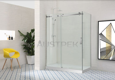 COVEY WALL TO WALL FRAMELESS SINGLE SLIDING DOOR SHOWER SCREEN BRUSHED NICKEL