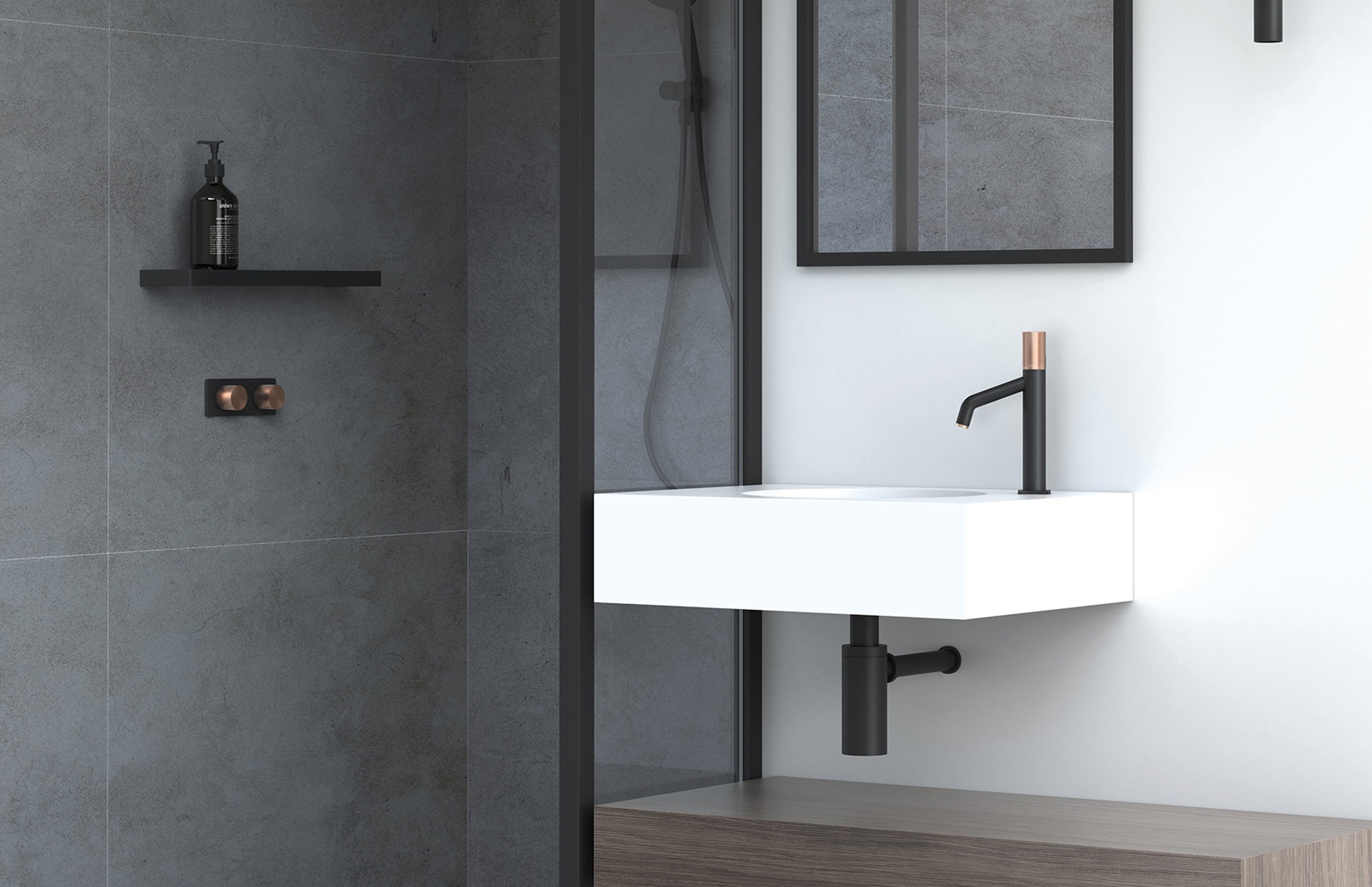 PHOENIX TOI TWIN SHOWER / WALL MIXER MATTE BLACK AND BRUSHED ROSE GOLD