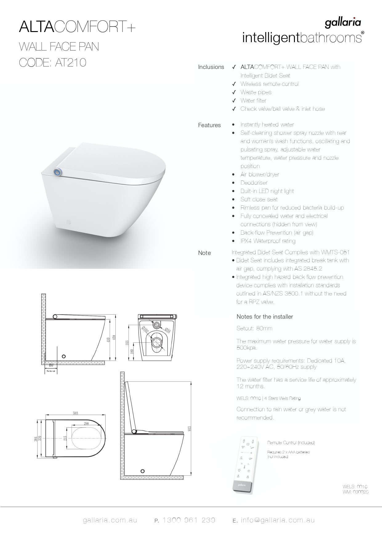 GALLARIA ALTA COMFORT RIMLESS WALL FACE PAN AND REMOTE WASHLET PACKAGE GLOSS WHITE