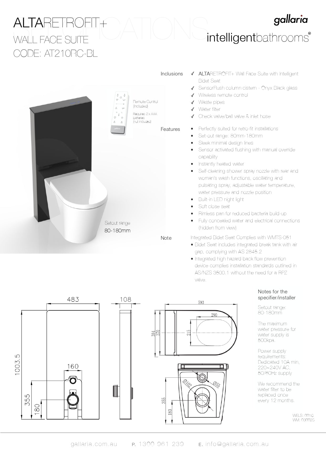 GALLARIA BLACK ALTARETROFIT RIMLESS WALL FACE PAN AND REMOTE WASHLET PACKAGE GLOSS WHITE