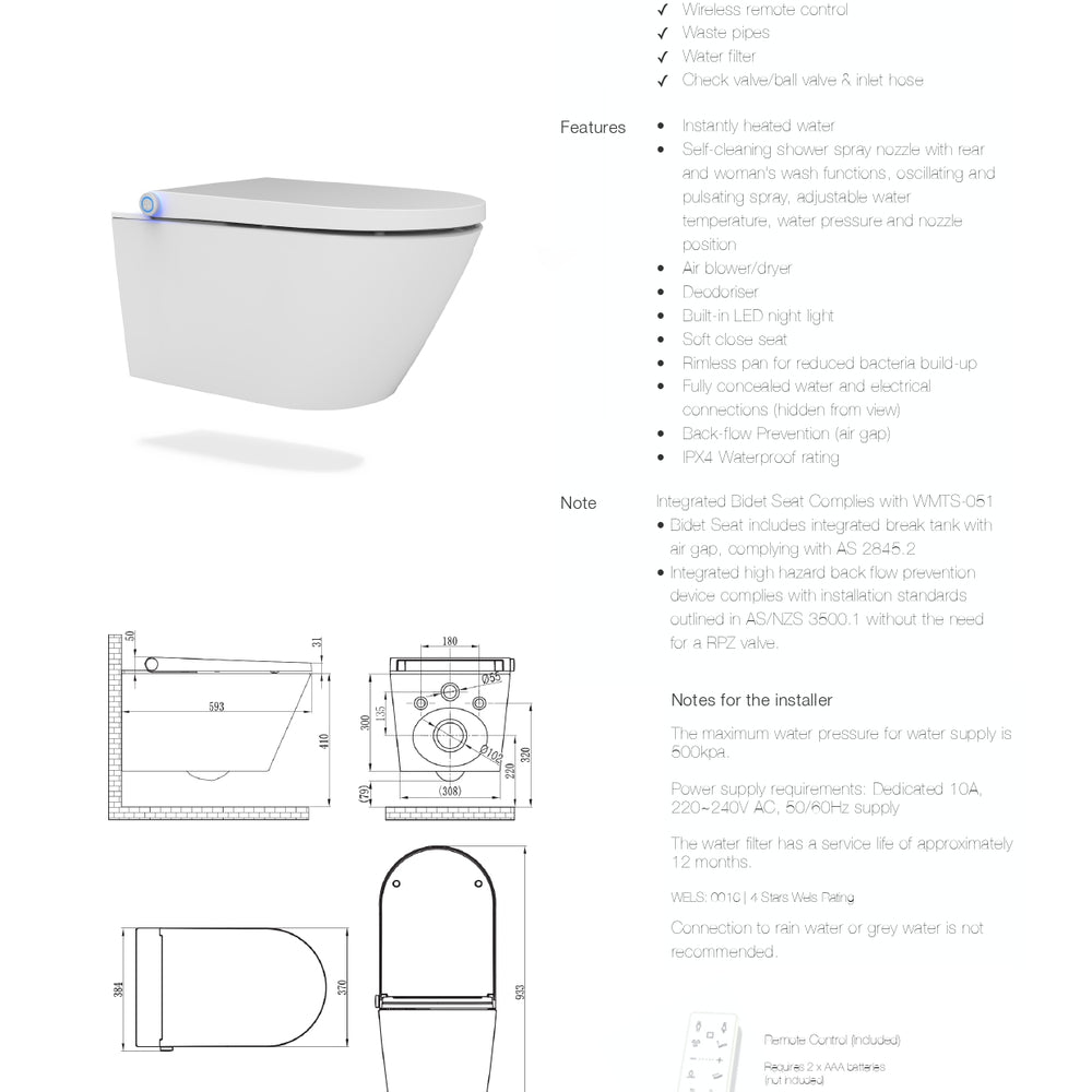 GALLARIA ALTA COMFORT RIMLESS WALL HUNG PAN AND REMOTE BIDET PACKAGE GLOSS WHITE