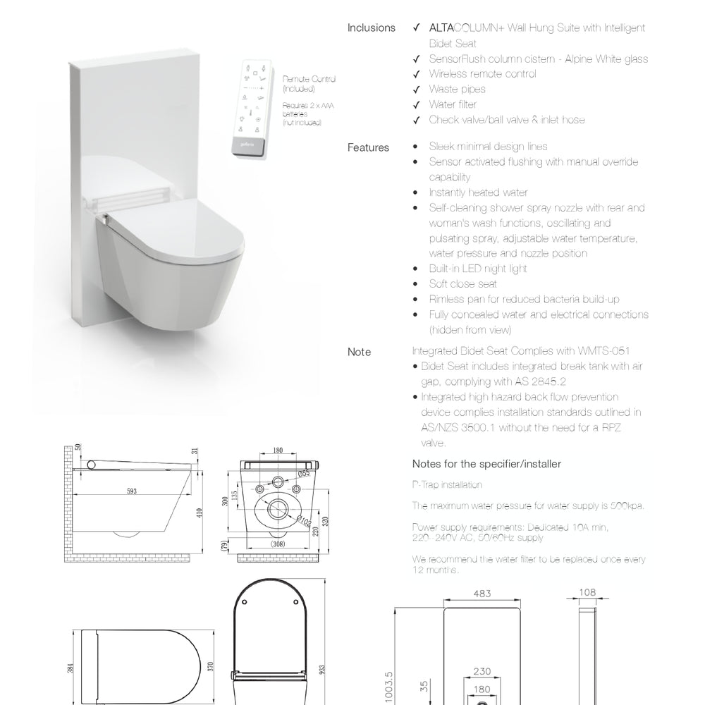 GALLARIA WHITE ALTACOLUMN RIMLESS WALL HUNG PAN AND REMOTE BIDET PACKAGE GLOSS WHITE