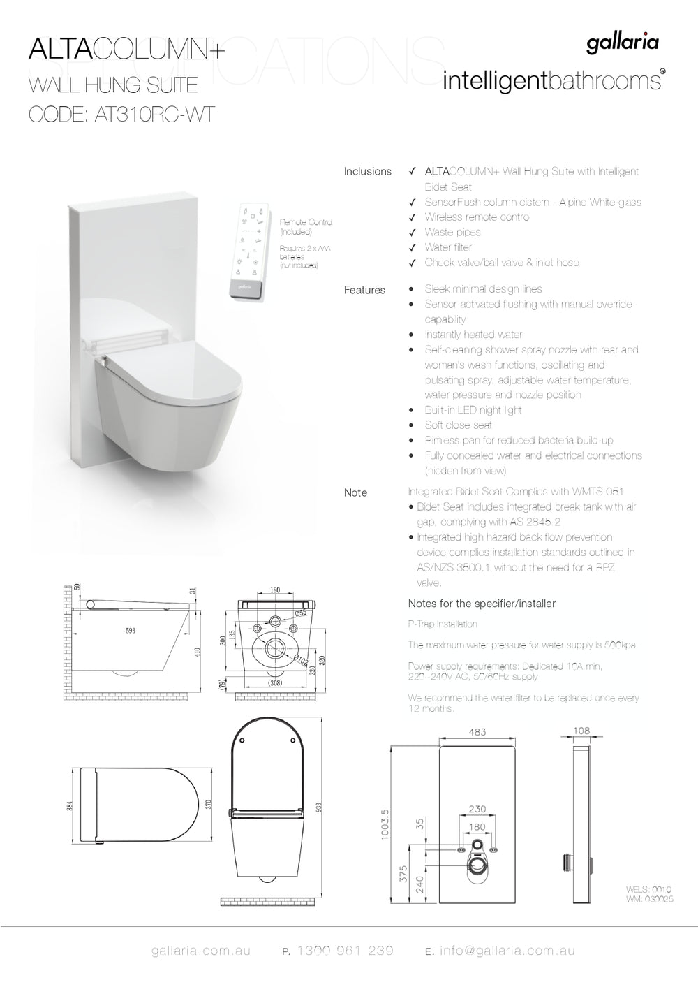 GALLARIA WHITE ALTACOLUMN RIMLESS WALL HUNG PAN AND REMOTE BIDET PACKAGE GLOSS WHITE