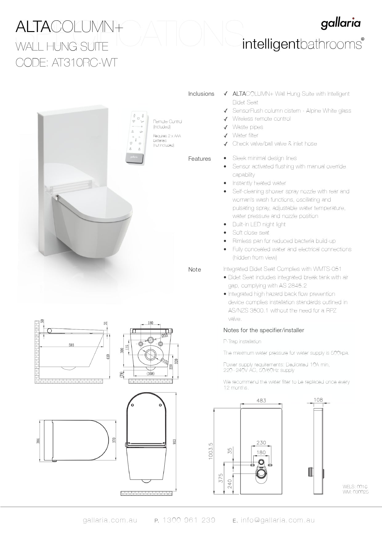 GALLARIA WHITE ALTACOLUMN RIMLESS WALL HUNG PAN AND REMOTE WASHLET PACKAGE GLOSS WHITE