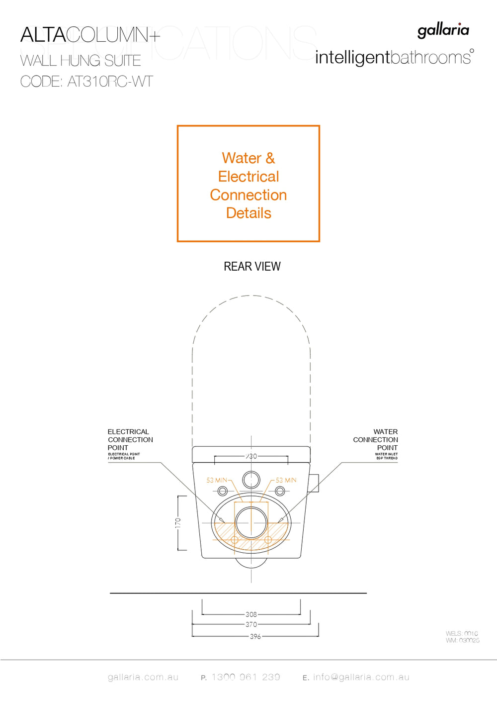 GALLARIA WHITE ALTACOLUMN RIMLESS WALL HUNG PAN AND REMOTE BIDET PACKAGE GLOSS WHITE