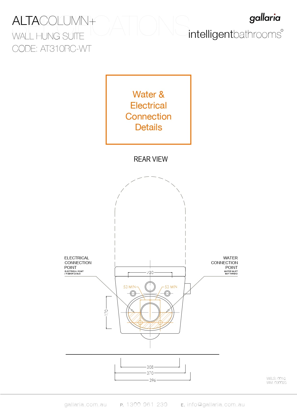 GALLARIA WHITE ALTACOLUMN RIMLESS WALL HUNG PAN AND REMOTE WASHLET PACKAGE GLOSS WHITE