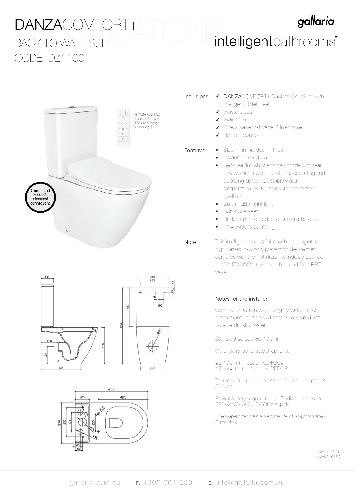 GALLARIA DANZA COMFORT UNIVERSAL BTW TOILET SUITE AND REMOTE WASHLET PACKAGE GLOSS WHITE