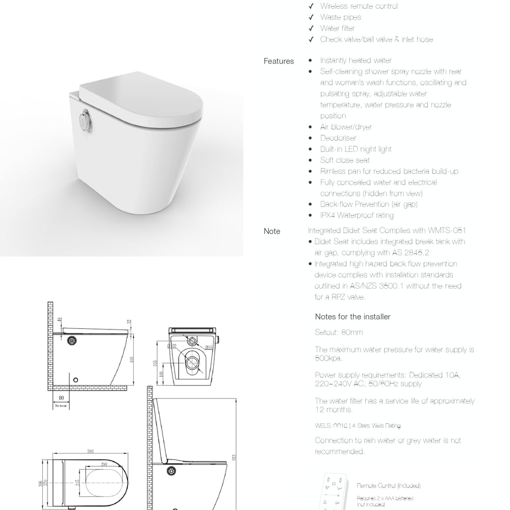 GALLARIA EVO COMFORT RIMLESS WALL FACE PAN AND REMOTE BIDET PACKAGE GLOSS WHITE