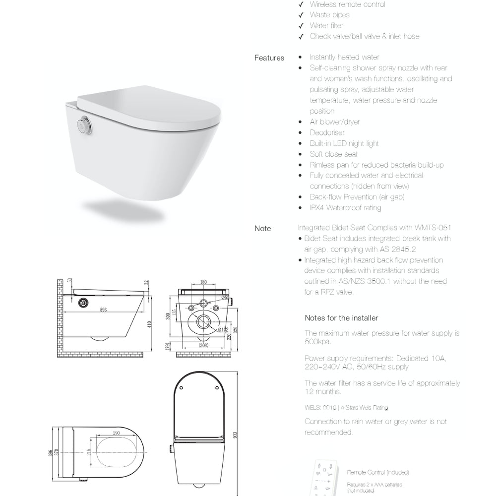 GALLARIA EVO COMFORT RIMLESS WALL HUNG PAN AND REMOTE BIDET PACKAGE GLOSS WHITE