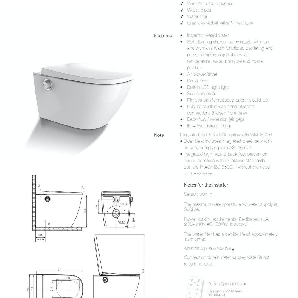 GALLARIA LENZA COMFORT RIMLESS WALL FACE PAN AND REMOTE BIDET PACKAGE GLOSS WHITE