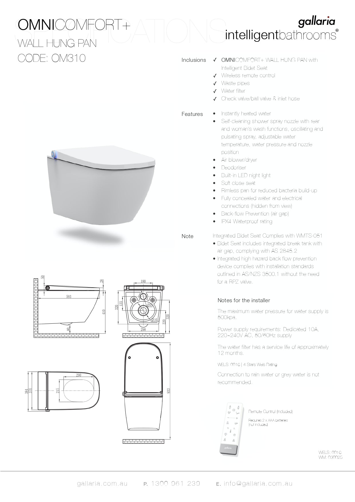 GALLARIA OMNI COMFORT RIMLESS WALL HUNG PAN AND REMOTE WASHLET PACKAGE GLOSS WHITE