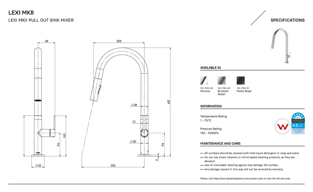 PHOENIX LEXI MKII PULL OUT SINK MIXER 437MM CHROME