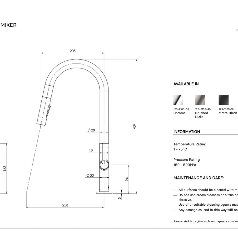 PHOENIX LEXI MKII LEAD FREE PULL OUT SINK MIXER 437MM BRUSHED NICKEL