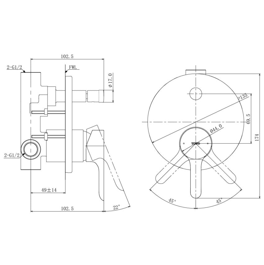 TOTO LB WALL MIXER WITH DIVERTER CHROME