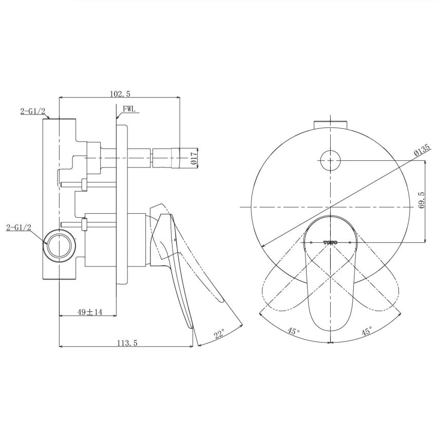 TOTO LF WALL MIXER WITH DIVERTER CHROME