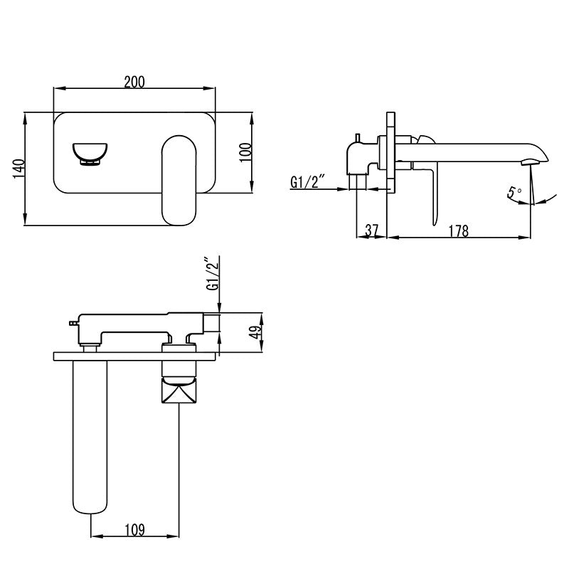 IKON KARA LEAD FREE WALL BASIN MIXER WITH SPOUT 200MM MATTE BLACK AND ROSE GOLD