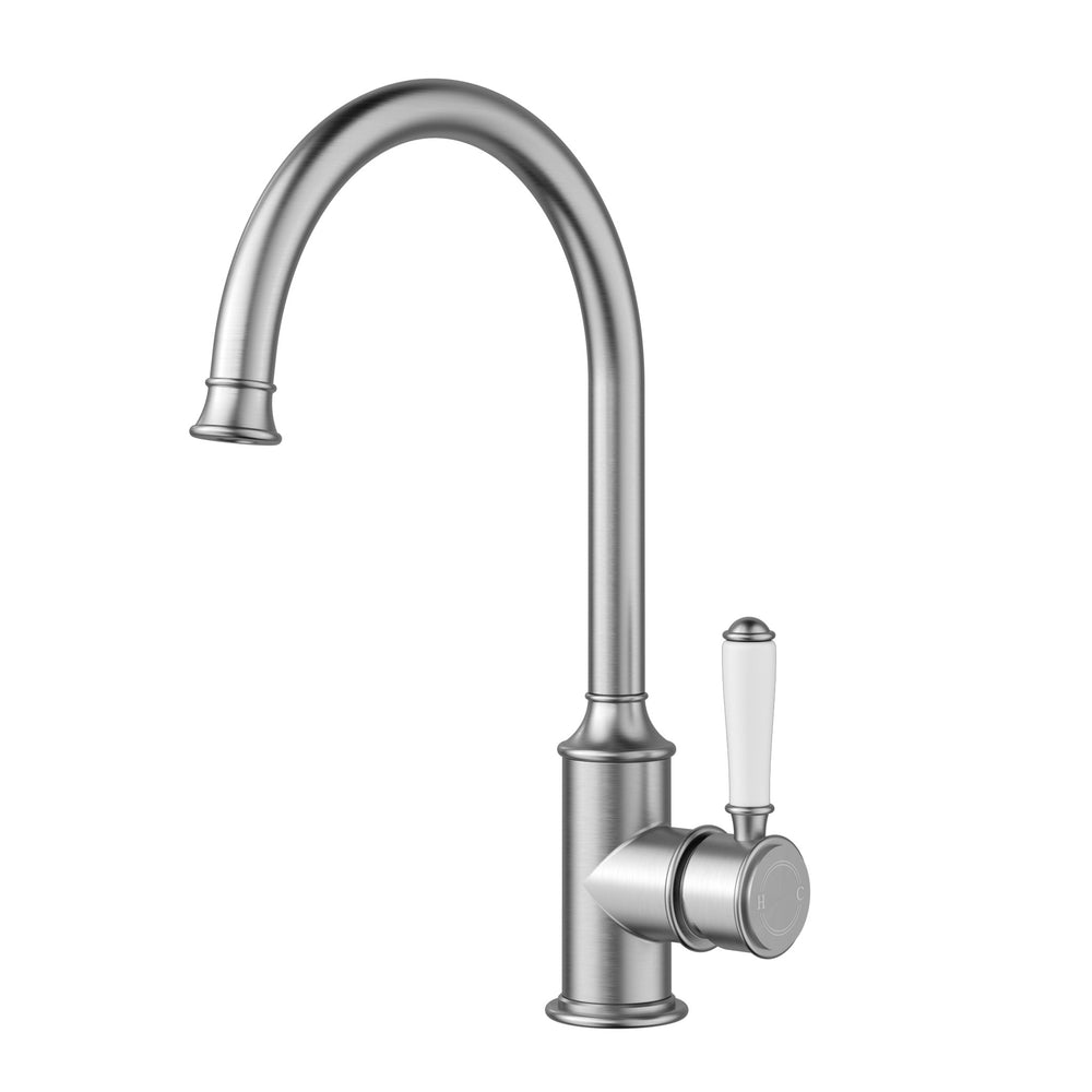 IKON CLASICO LEAD FREE GOOSENECK SINK MIXER 340MM BRUSHED NICKEL (CERAMIC HANDLE)