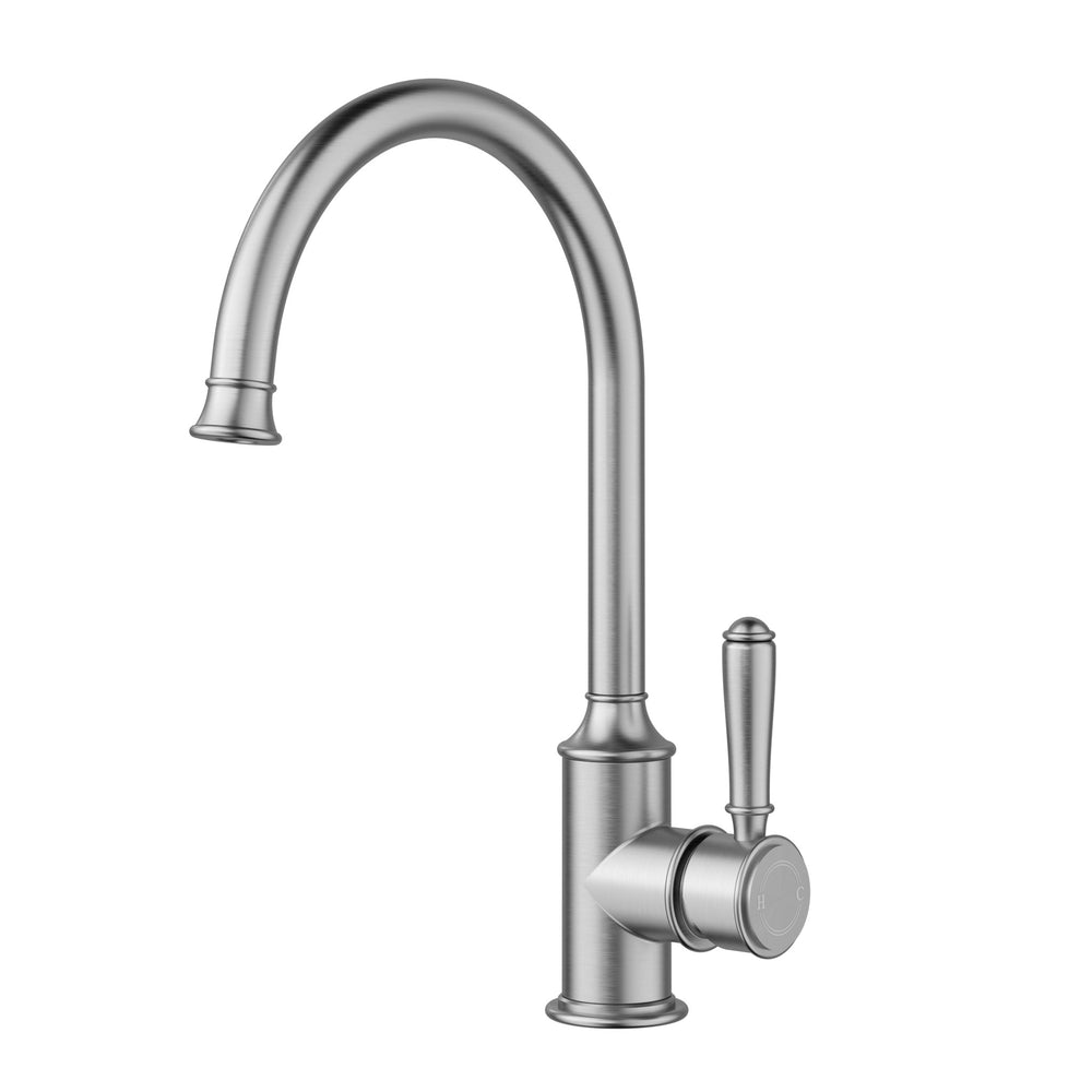 IKON CLASICO LEAD FREE GOOSENECK SINK MIXER 340MM BRUSHED NICKEL (BRASS HANDLE)