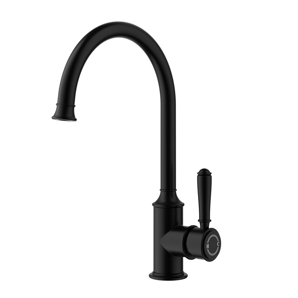 IKON CLASICO LEAD FREE GOOSENECK SINK MIXER 340MM MATTE BLACK (BRASS HANDLE)